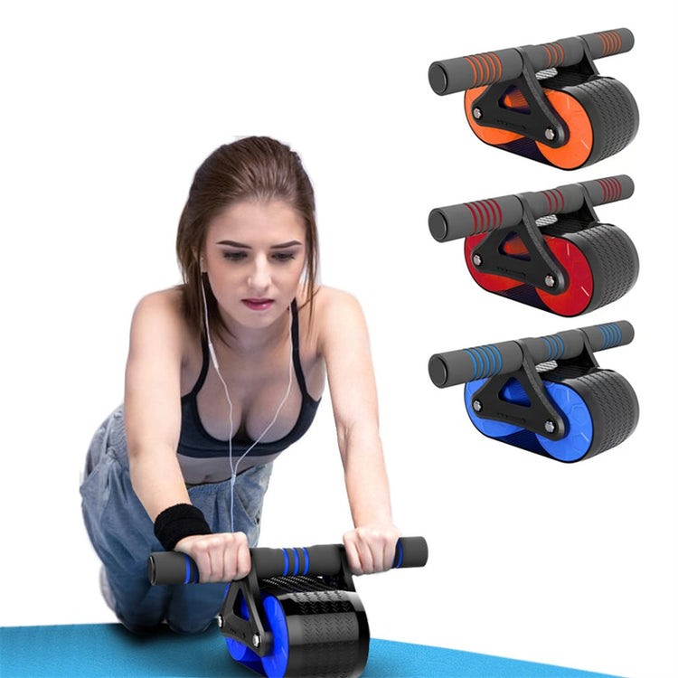 Automatic Rebound Ab Wheel Roller in use by a woman, showcasing its ergonomic design and color options.
